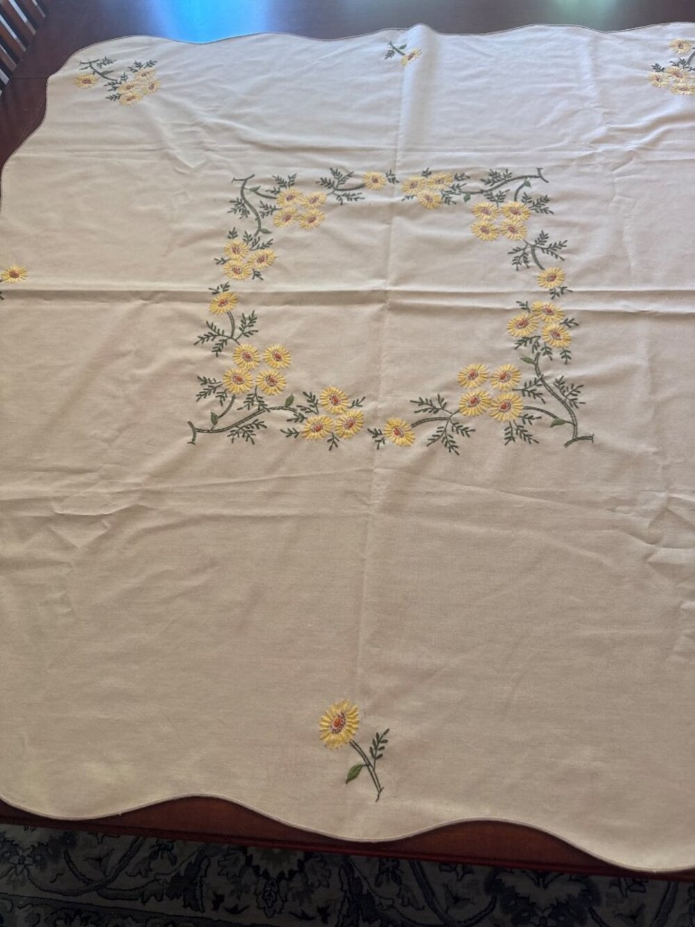 Vintage Embroidered Tablecloth With Yellow Floral Design & Scalloped Edges 42 x
